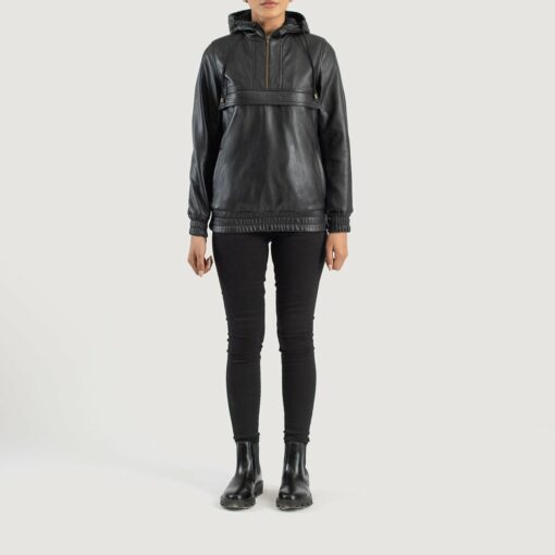 Zest Black Hooded Leather Pullover Jacket - Image 3