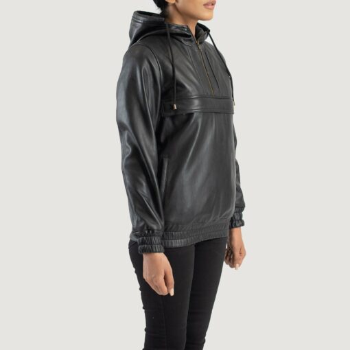 Zest Black Hooded Leather Pullover Jacket - Image 2