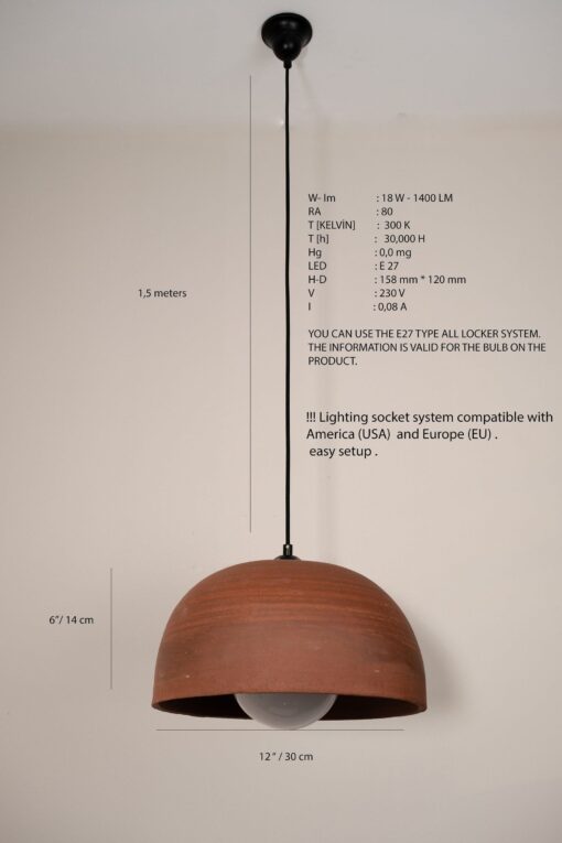 15" Terracotta Pendant Light - Large Handmade Ceramic Chandelier - Wabi Sabi Style Kitchen Island Lighting - Image 4