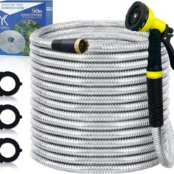 50ft Metal Garden Hose Stainless Steel - Flexible, No Kink + Brass Connector & Nozzle