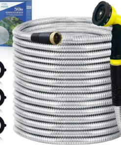 50ft Metal Garden Hose Stainless Steel - Flexible, No Kink + Brass Connector & Nozzle