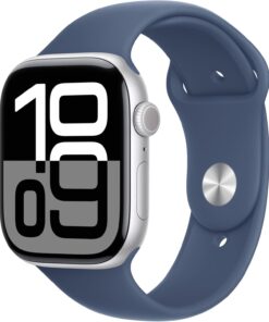 Apple Watch Series 10 (GPS + Cellular) 46mm Silver Aluminum - Denim Sport Band - Fitness, ECG, Always-On Display