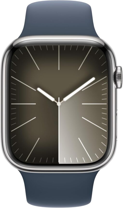 Apple Watch Series 9 (GPS + Cellular) 45mm Silver Stainless Steel - Storm Blue Sport Band - Fitness & Blood Oxygen - Image 2