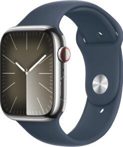 Apple Watch Series 9 (GPS + Cellular) 45mm Silver Stainless Steel - Storm Blue Sport Band - Fitness & Blood Oxygen