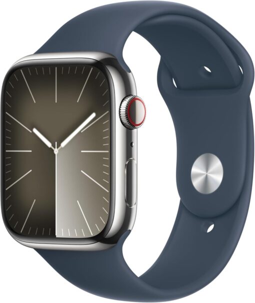 Apple Watch Series 9 (GPS + Cellular) 45mm Silver Stainless Steel - Storm Blue Sport Band - Fitness & Blood Oxygen