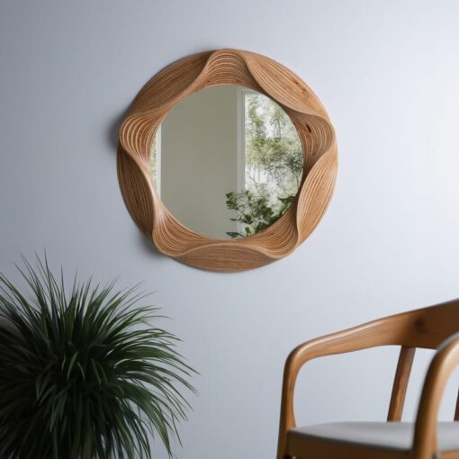 Asymmetrical Wood Mirror - Wavy Irregular Wall Decor - Handmade Round Accent Mirror - Bedroom Living Room - Unique Christmas Item