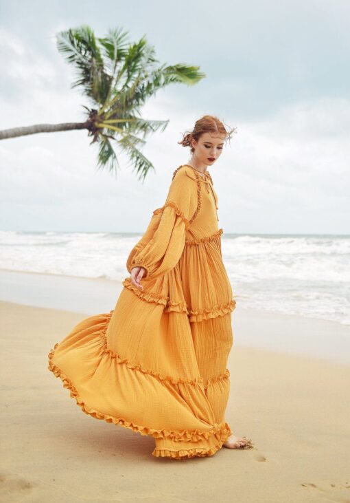 Boho Maxi Dress Long Sleeve Linen Beach Dress - Women's Full Length Bohemian Gown - Image 2