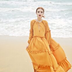 Boho Maxi Dress Long Sleeve Linen Beach Dress - Women's Full Length Bohemian Gown