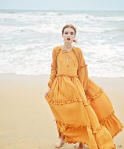 Boho Maxi Dress Long Sleeve Linen Beach Dress - Women's Full Length Bohemian Gown