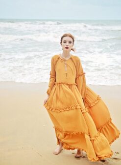 Boho Maxi Dress Long Sleeve Linen Beach Dress - Women's Full Length Bohemian Gown