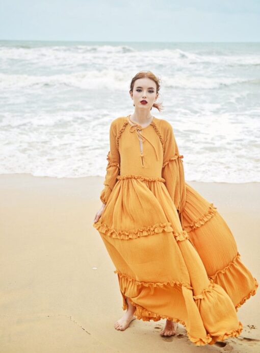 Boho Maxi Dress Long Sleeve Linen Beach Dress - Women's Full Length Bohemian Gown