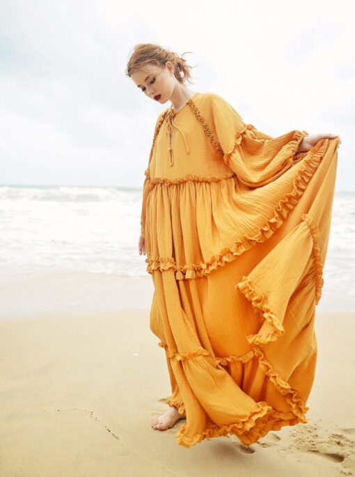 Boho Maxi Dress Long Sleeve Linen Beach Dress - Women's Full Length Bohemian Gown - Image 3