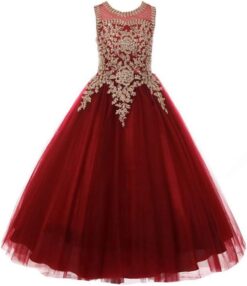 Burgundy & Gold Lace Flower Girl Dress Long Tulle Ball Gown Pageant Prom Formal