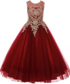 Burgundy & Gold Lace Flower Girl Dress Long Tulle Ball Gown Pageant Prom Formal