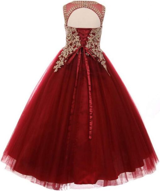 Burgundy & Gold Lace Flower Girl Dress Long Tulle Ball Gown Pageant Prom Formal - Image 3