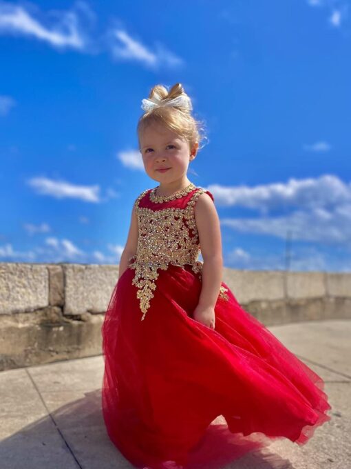 Burgundy & Gold Lace Flower Girl Dress Long Tulle Ball Gown Pageant Prom Formal - Image 4