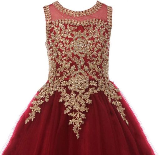 Burgundy & Gold Lace Flower Girl Dress Long Tulle Ball Gown Pageant Prom Formal - Image 2
