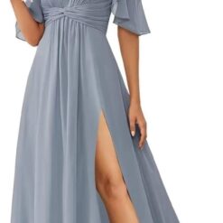 Cold Shoulder Chiffon Bridesmaid Dress Spaghetti Strap Slit Formal Party Gown Dymaisei