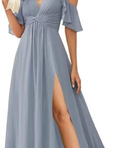 Cold Shoulder Chiffon Bridesmaid Dress Spaghetti Strap Slit Formal Party Gown Dymaisei