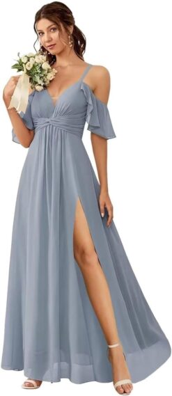 Cold Shoulder Chiffon Bridesmaid Dress Spaghetti Strap Slit Formal Party Gown Dymaisei