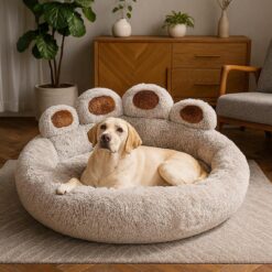 Fluffy Plush Dog Bed Sofa - Calming Pet Couch with Arms - Washable Cat Lounge
