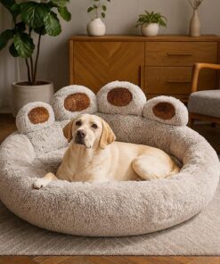 Fluffy Plush Dog Bed Sofa - Calming Pet Couch with Arms - Washable Cat Lounge