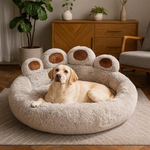 Fluffy Plush Dog Bed Sofa - Calming Pet Couch with Arms - Washable Cat Lounge