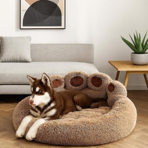 Fluffy Plush Dog Bed Sofa - Calming Pet Couch with Arms - Washable Cat Lounge - Image 3