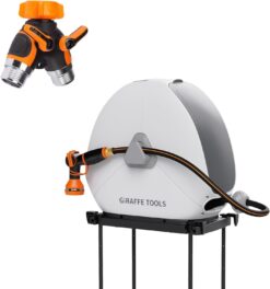 Giraffe Tools 2-Way Hose Splitter with 82FT Ground Mount Hose Reel - Heavy Duty 1/2 Inch