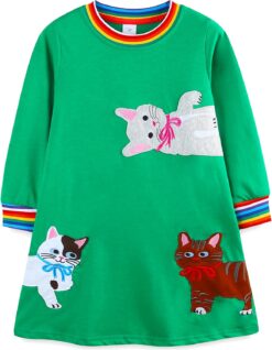 Girl's Christmas Dress Long Sleeve Cotton Cute Applique A-Line Swing Tunic 2-13 Years