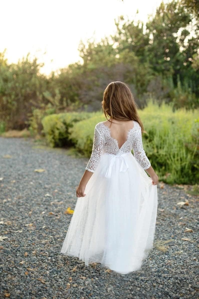 Girls Communion Dress Tulle Lace Flower Girl Boho Long Party Dress with Belt - Image 3