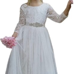Girls Communion Dress Tulle Lace Flower Girl Boho Long Party Dress with Belt