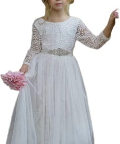 Girls Communion Dress Tulle Lace Flower Girl Boho Long Party Dress with Belt