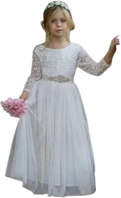 Girls Communion Dress Tulle Lace Flower Girl Boho Long Party Dress with Belt