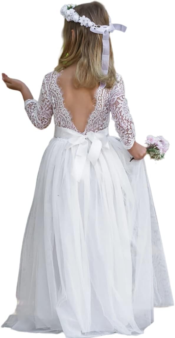 Girls Communion Dress Tulle Lace Flower Girl Boho Long Party Dress with Belt - Image 2
