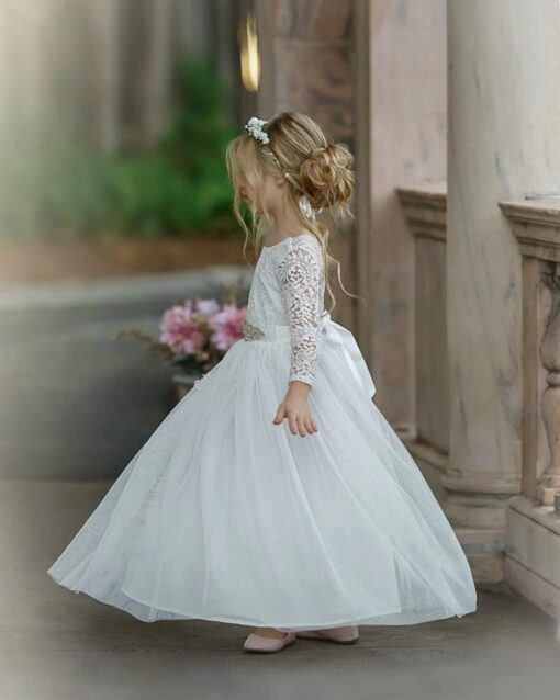 Girls Communion Dress Tulle Lace Flower Girl Boho Long Party Dress with Belt - Image 4