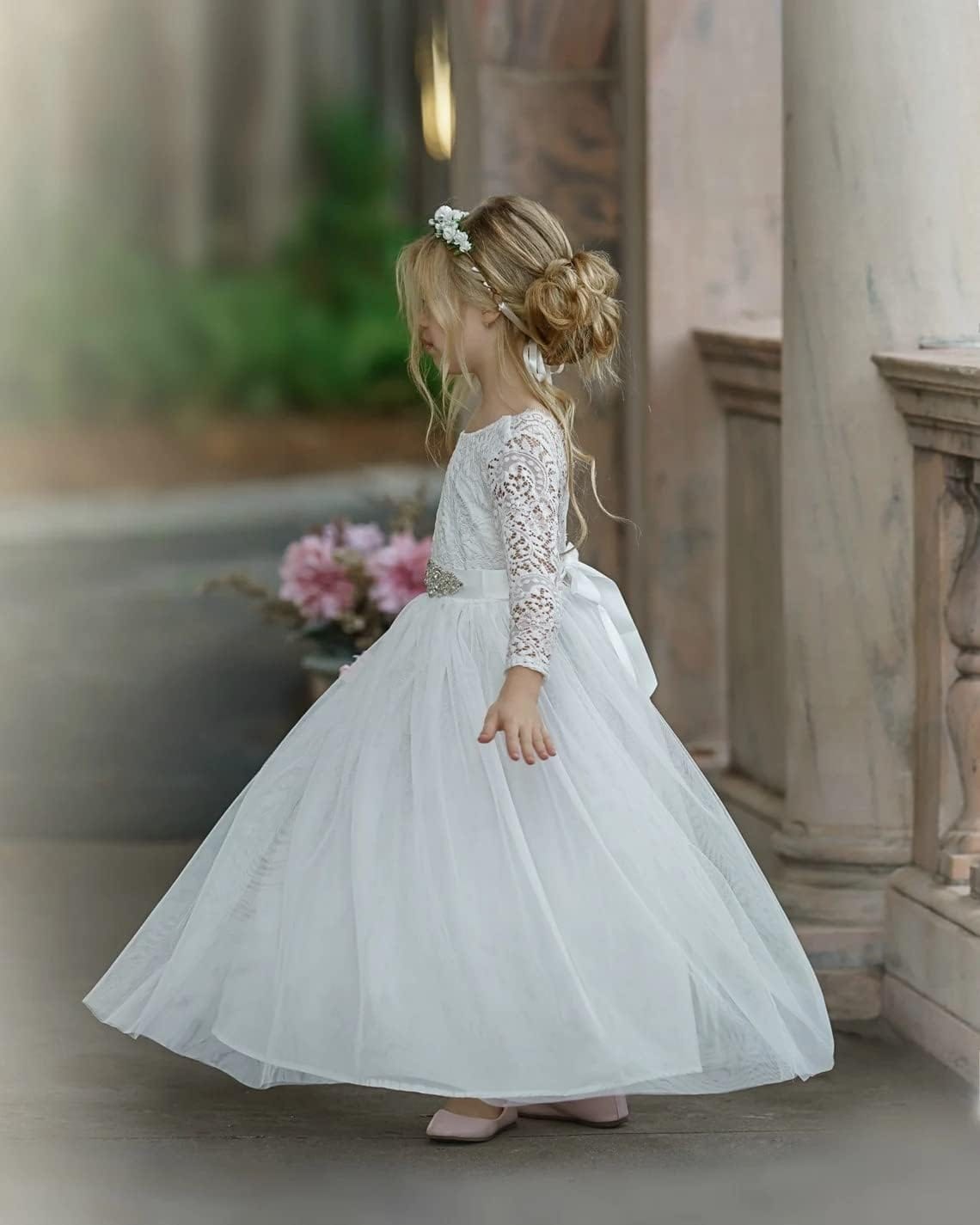 Girls Communion Dress Tulle Lace Flower Girl Boho Long Party Dress with Belt - Image 4