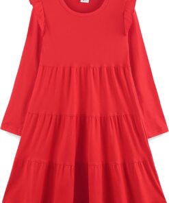 Girl's Cotton Ruffle Sleeve Tiered Sundress - Cute A-Line Midi Dress for Girls