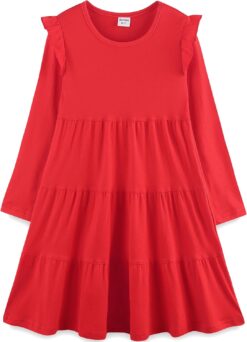 Girl's Cotton Ruffle Sleeve Tiered Sundress - Cute A-Line Midi Dress for Girls