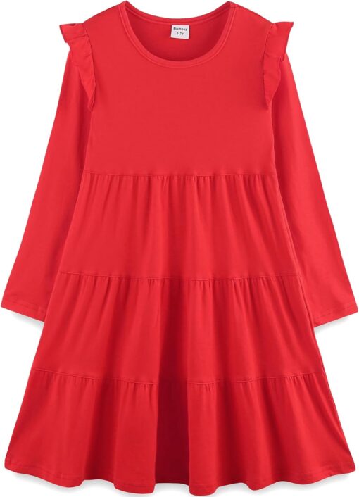 Girl's Cotton Ruffle Sleeve Tiered Sundress - Cute A-Line Midi Dress for Girls