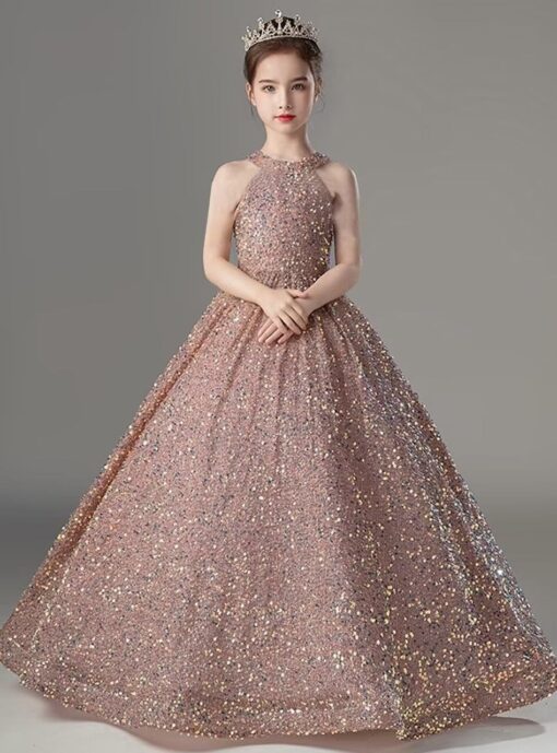 Girls Sequin Pageant Dress Sparkly Ball Gown Flower Girl Wedding Princess Toddler Kids - Image 2