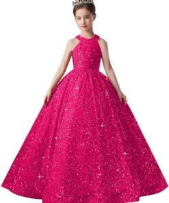 Girls Sequin Pageant Dress Sparkly Ball Gown Flower Girl Wedding Princess Toddler Kids