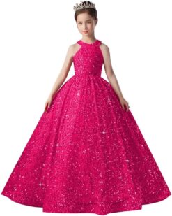 Girls Sequin Pageant Dress Sparkly Ball Gown Flower Girl Wedding Princess Toddler Kids