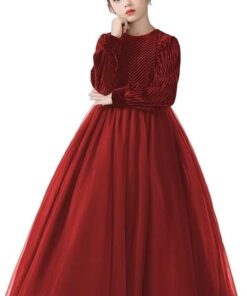 Girls Velvet Maxi Dress Long Sleeve - Elegant Flower Girl Dress for Party Wedding (4-16 Years)