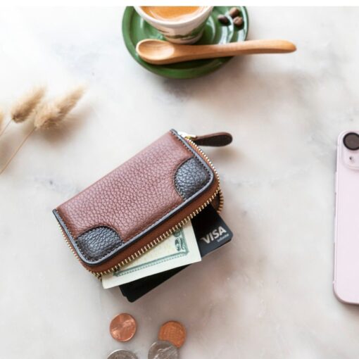Handcrafted Top Grain Leather RFID Wallet - Zippered Checkbook, Coin & Card Slots - Image 2