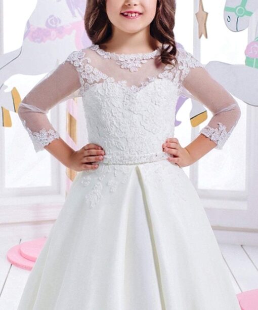 HEVECI White Communion Dress Long Sleeve - Flower Girl Wedding Dress - Image 3