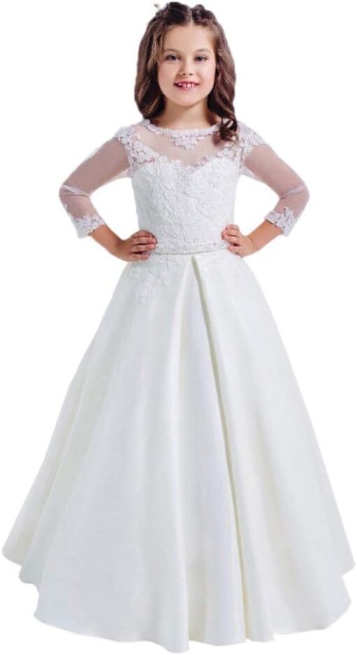 HEVECI White Communion Dress Long Sleeve - Flower Girl Wedding Dress