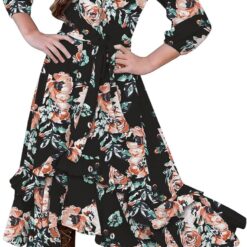 KYMIDY Girls Floral Maxi Dress - Boho Kids Dress with Pockets & Belt (Sizes 6-12)
