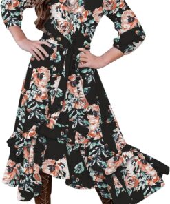 KYMIDY Girls Floral Maxi Dress - Boho Kids Dress with Pockets & Belt (Sizes 6-12)