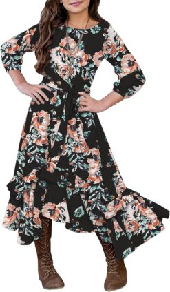 KYMIDY Girls Floral Maxi Dress - Boho Kids Dress with Pockets & Belt (Sizes 6-12)